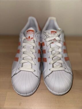 adidas White Sneakers with Coral Stripes